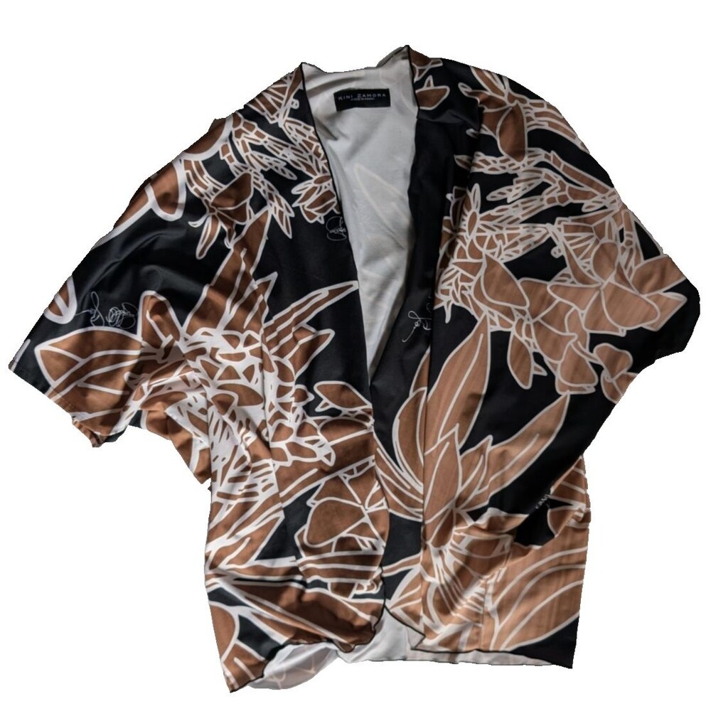 Kini Zamora Floral Brown Black Kimono Bathing Suit Beach Cover Up Aloha OS